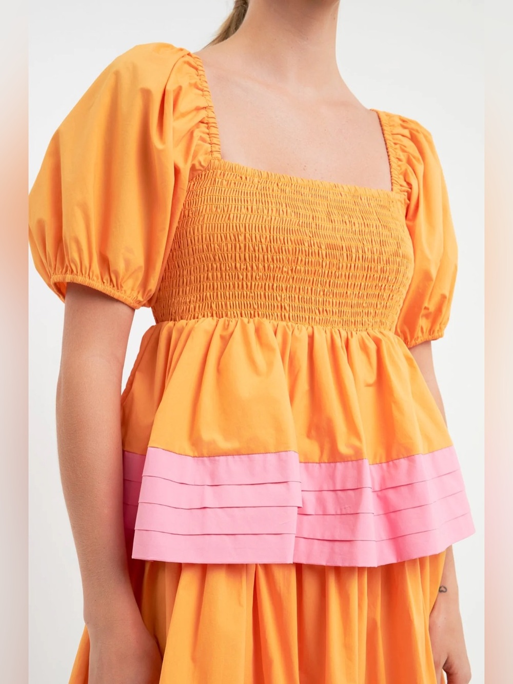 Colorblock Smocked Tiered Mini Dress in Orange with Pink Trim - Picture 2 of 4